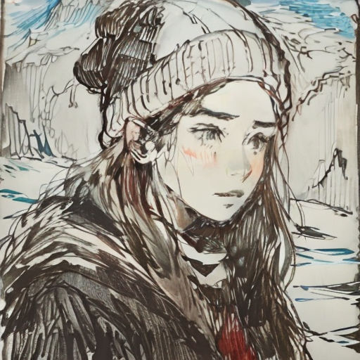 a drawing of a woman in a hat and coat with a scarf on her head and a snowy landscape behind her