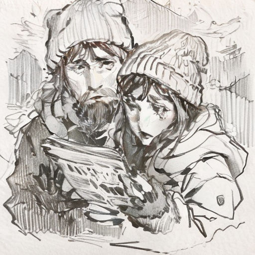 a drawing of a man and a woman reading a book together in the snow with a child looking at the book