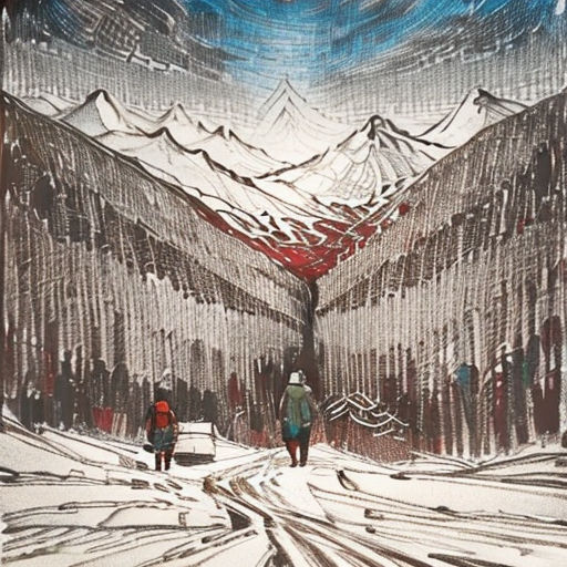 a painting of people walking in the snow in a mountainous area with mountains in the background and a blue sky