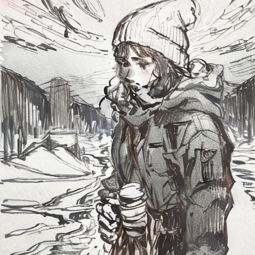 a drawing of a person walking in the snow with a cup of coffee in his hand and a building in the background