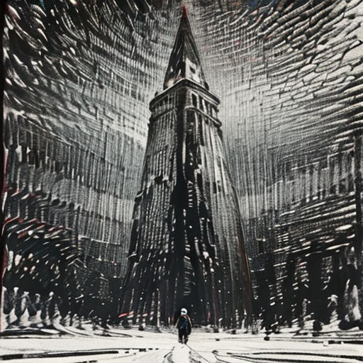 a painting of a person walking down a street in front of a tall building with a clock tower on it