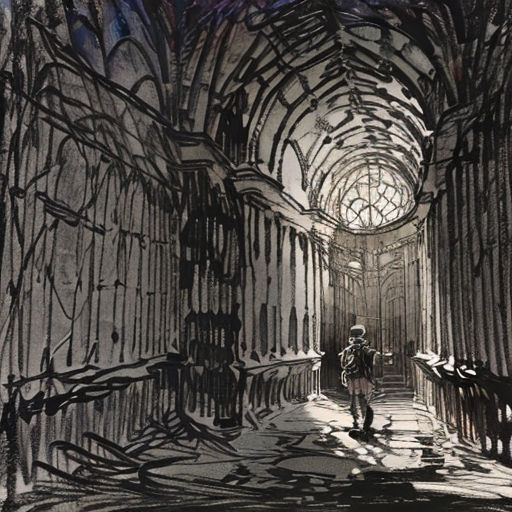 a drawing of a man walking down a hallway in a building with a stained glass window above it and a ceiling