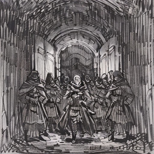 a drawing of a group of people in a tunnel with a man standing in the middle of the room