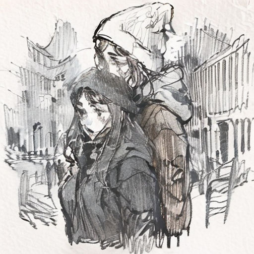a drawing of two people walking down a street together, one of them is wearing a hat and the other is wearing a coat