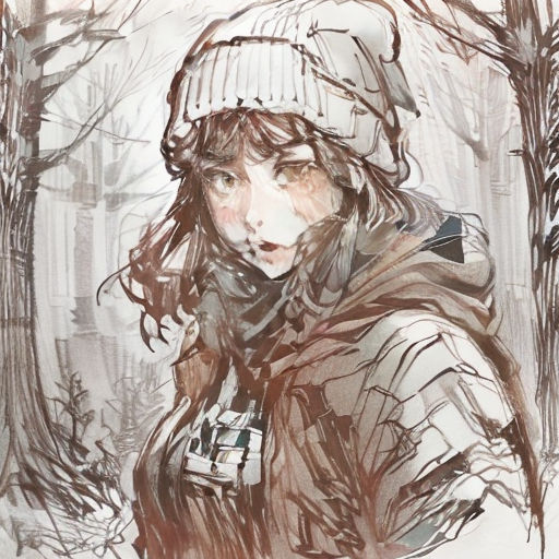 a drawing of a woman in a winter coat and hat in the snow with trees in the background and a building in the background