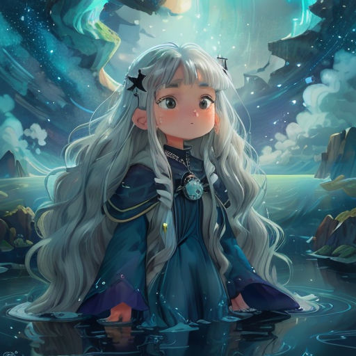 a girl with long hair standing in water with a dragon flying above her head and a sky background with stars