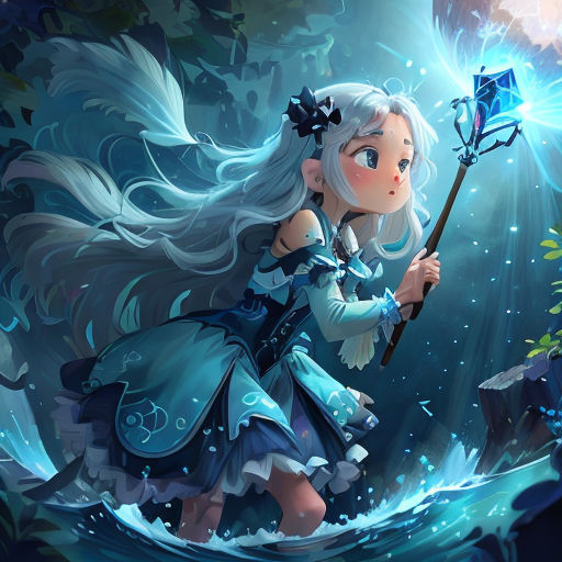a girl with a wand and a blue dress is holding a blue lantern in the water and a tree