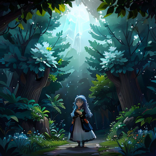 a girl in a white dress standing in a forest with a light shining through the trees on her head