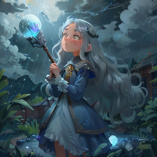 a girl in a blue dress holding a wand and a crystal ball in her hand in the rain with a lightning behind her