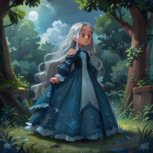 a woman in a blue dress standing in the woods with trees and a moon in the background, with a long white hair
