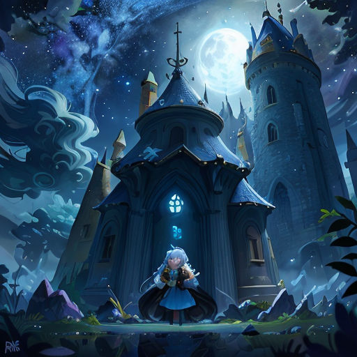 a cartoon character standing in front of a castle with a sky background and stars in the sky above it