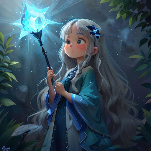 a girl holding a wand and a star in her hand in the woods with a blue light shining on her