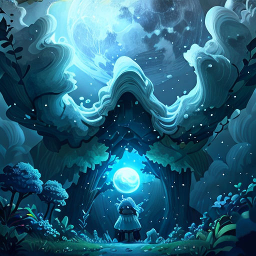 a painting of a girl standing in a dark forest with a glowing orb in her hand and a full moon in the background