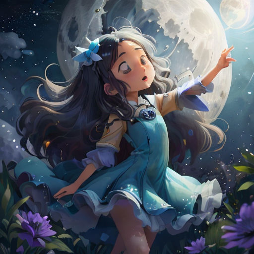 a girl in a dress is standing in the grass with a full moon behind her and a blue dress on