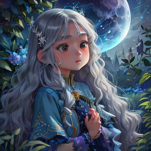 a girl with long hair and a blue dress standing in the woods with a moon behind her and a blue sky behind her