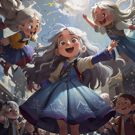 a group of children flying through the air with their arms in the air and one girl in a blue dress