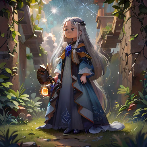 a woman in a blue dress holding a wand in her hand and standing in a forest with a star in the sky