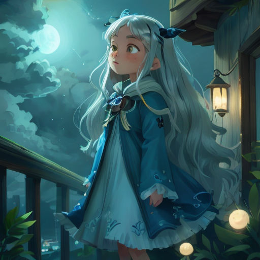 a girl with long white hair and a blue dress standing on a balcony at night with a full moon in the background