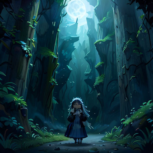a girl in a dark forest with a full moon in the background and a path leading to a forest