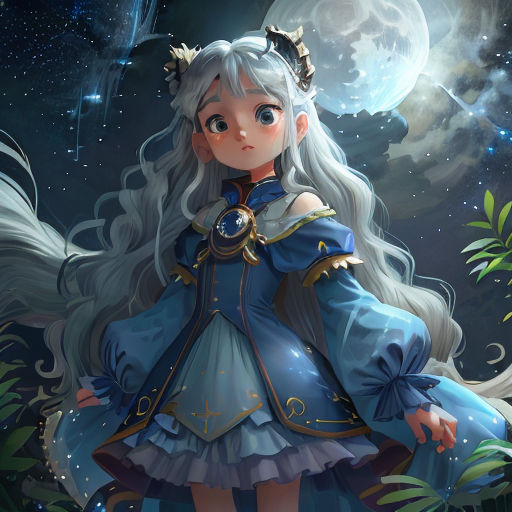 a girl in a blue dress standing in the grass with a full moon behind her and a tree in the background