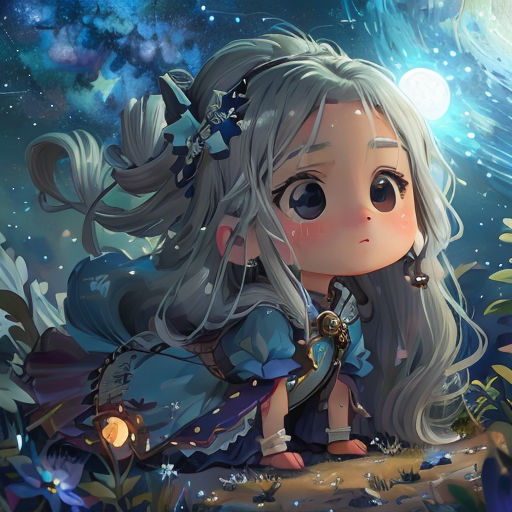 a girl with long hair sitting on a rock in the woods with a butterfly in her hair and a full moon in the background