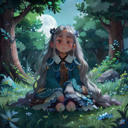 a girl sitting in the grass with long hair and a blue dress on, in front of a forest