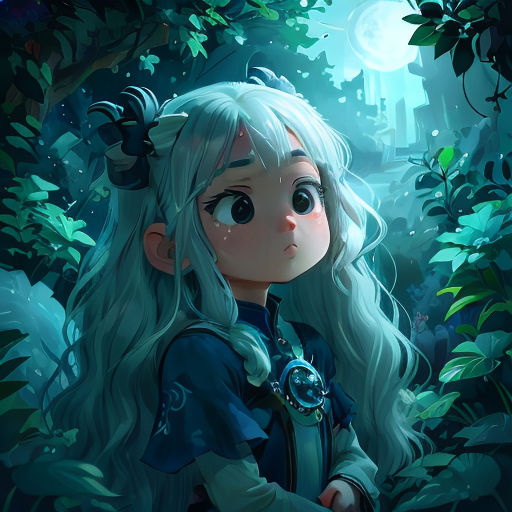 a girl with long hair and a blue dress standing in the woods with a green background and a full moon