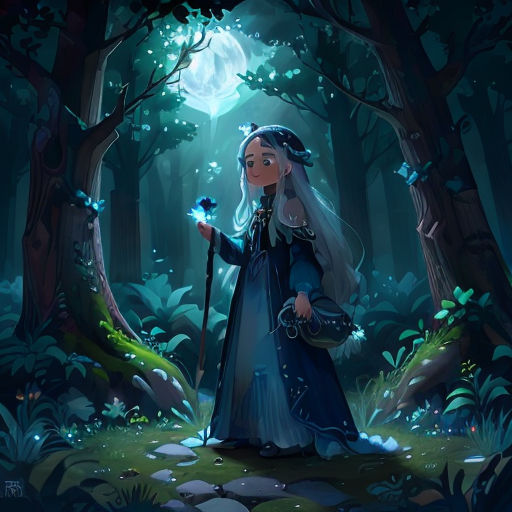 a woman in a blue dress holding a wand in a forest at night with a light shining on her