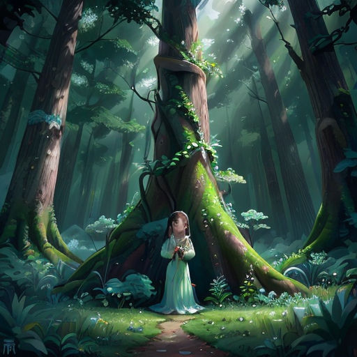 a woman in a white dress standing in a forest next to a tree trunk with a giant tree trunk
