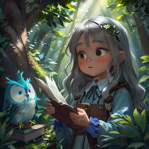 a girl reading a book in the woods with an owl nearby by her side, with a forest background