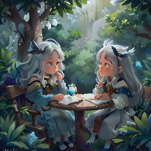 two girls sitting at a table in the woods writing on a book and a glass of tea in front of them