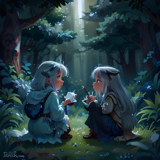 two girls sitting in the woods talking to each other with a flashlight shining in the background of the picture