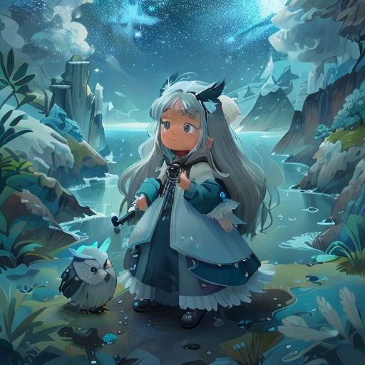 a girl in a blue dress standing in a forest with a bird on her shoulder and a sky full of stars above her