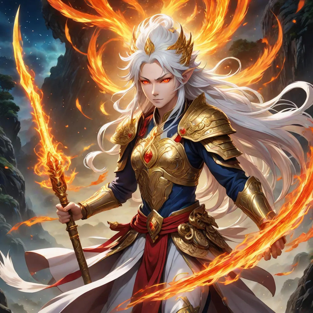 a woman in a golden outfit holding a sword and a flame in her hand, with a sky background, fantasy art, concept art, Anne Stokes, epic fantasy character art