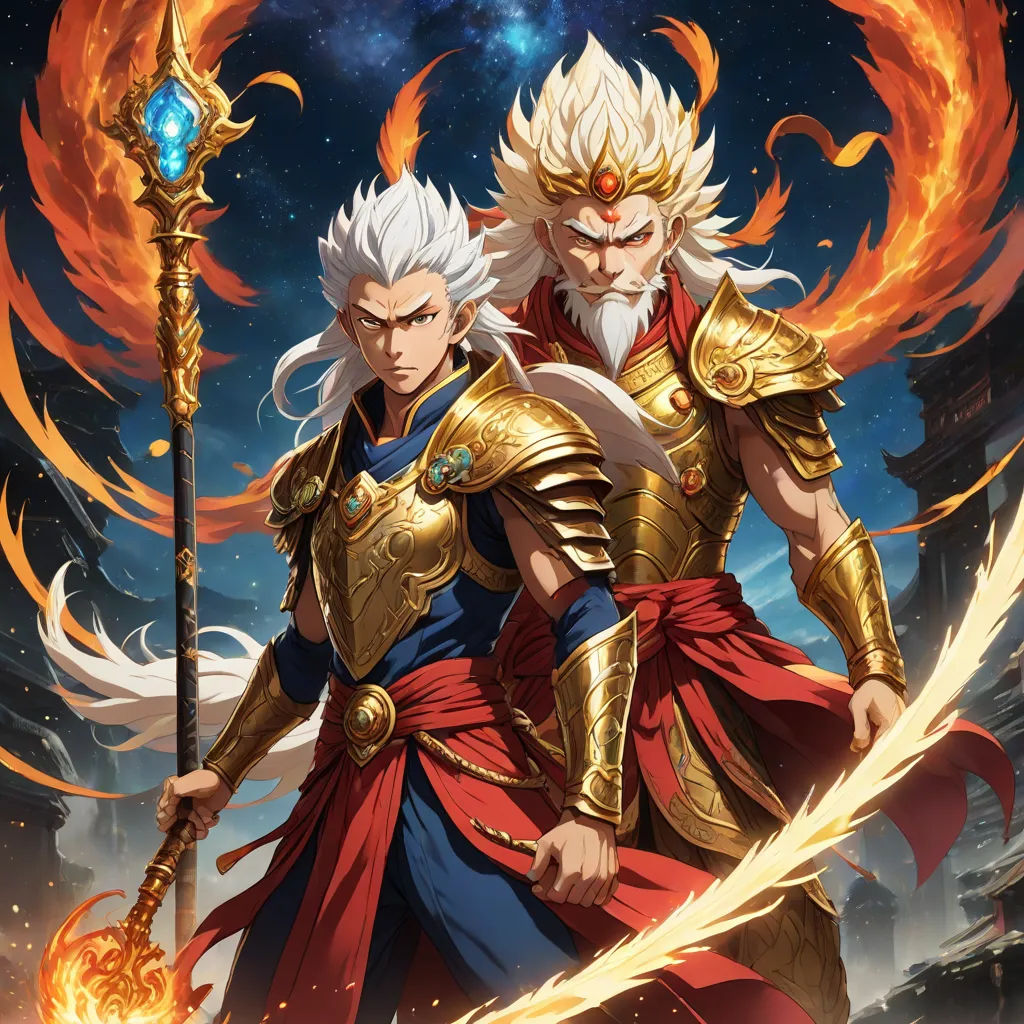 two men in armor standing next to each other with fire in their hands and holding swords in their hands, fantasy art, poster art, Dai Jin, official art