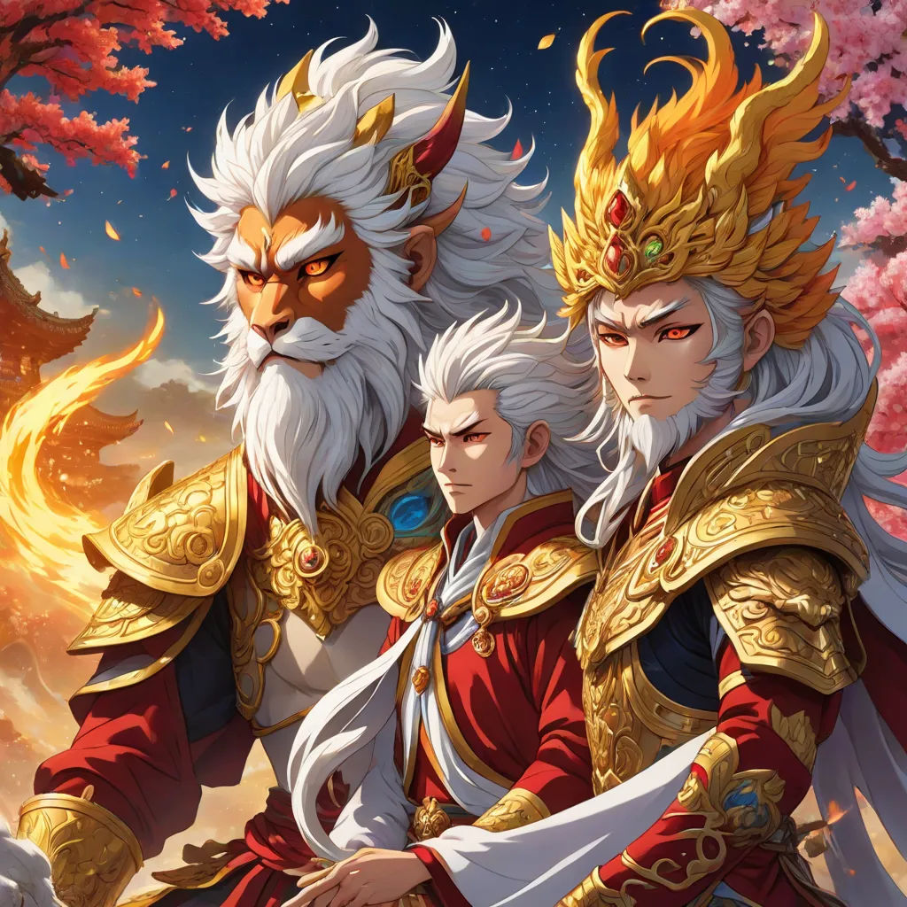 two men in costumes standing next to each other in front of a tree with flowers and a dragon on it, fantasy art, poster art, Du Jin, key art