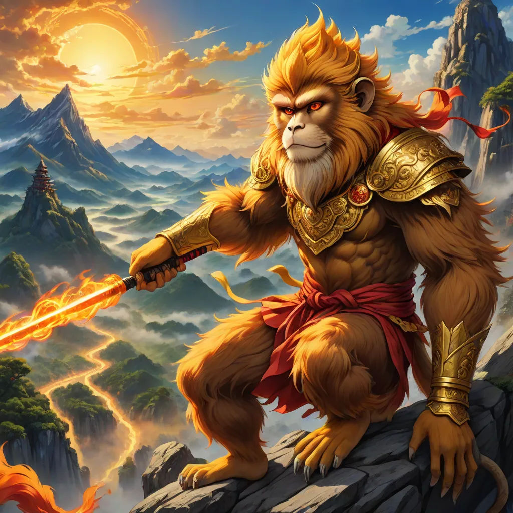 a monkey with a sword on a mountain top with a sunset in the background and clouds in the sky, sots art, concept art, Alex Petruk APe, magic the gathering artwork