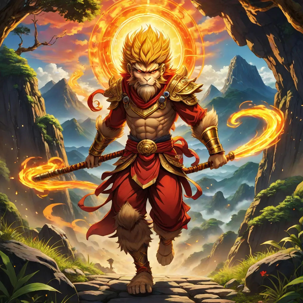 a man with a sword and a demon face on his face, standing in front of a mountain landscape, fantasy art, concept art, Du Jin, rossdraws global illumination