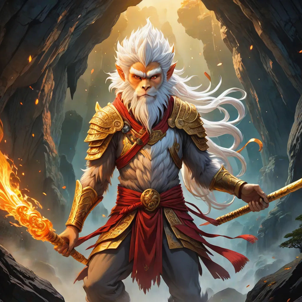 a character from the video game hearther, holding a staff and a fire ball in his hand, in a cave, fantasy art, concept art, Art of Brom, rossdraws global illumination