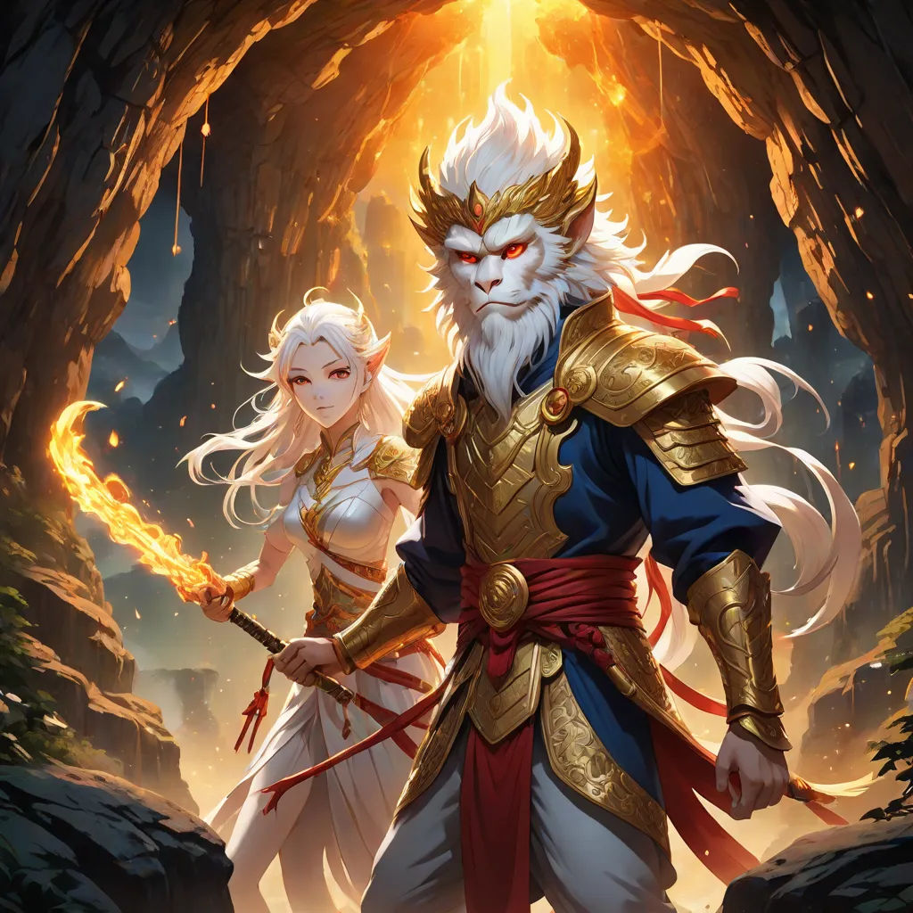 a couple of people standing next to each other in a cave with a fire in the background and a demon on the right, fantasy art, concept art, Art of Brom, rossdraws global illumination