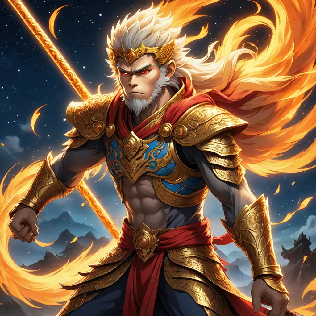 a man in a golden armor holding a sword and a flame in his hand, with a sky background, fantasy art, a detailed painting, Du Jin, phuoc quan