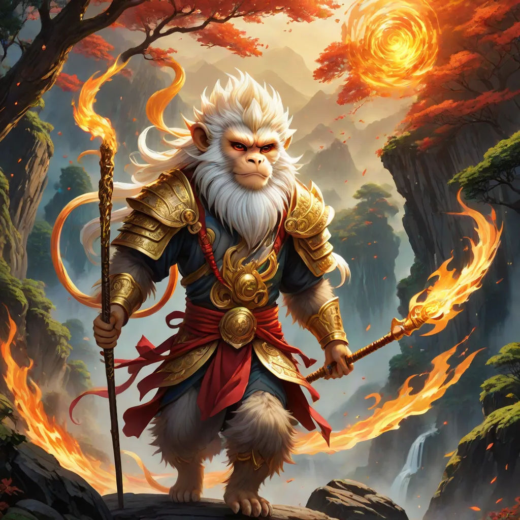 a monkey with a sword and a flame in its hand standing on a rock in the woods with a flame in his hand, fantasy art, concept art, Art of Brom, magic the gathering artwork