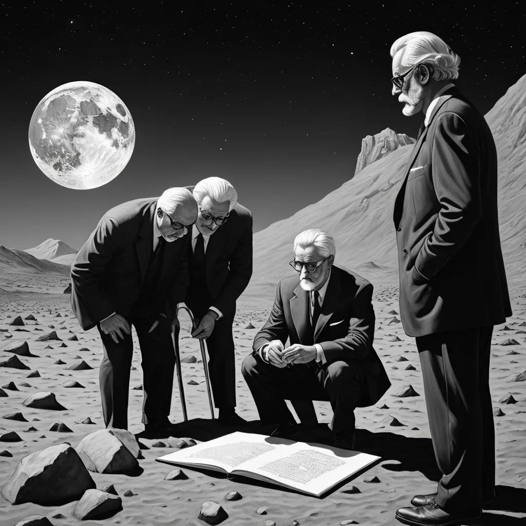 a group of men standing around a book on a desert ground with a full moon in the background and a book in the foreground, massurrealism, a storybook illustration, Filip Hodas, surreal photography