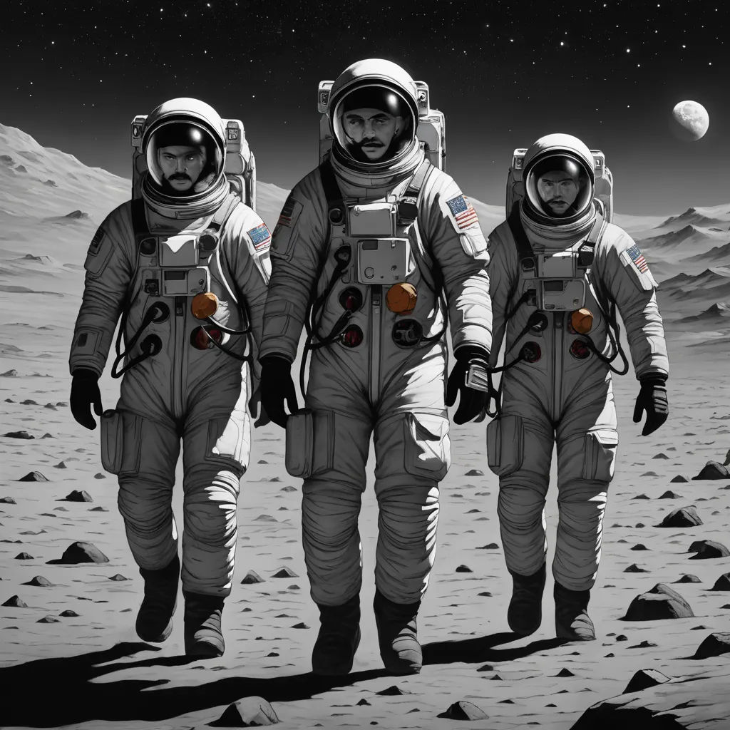 three astronauts walking on the surface of the moon with a planet in the background, with a black and white photo of the moon, space art, a detailed matte painting, Alan Bean, matte painting