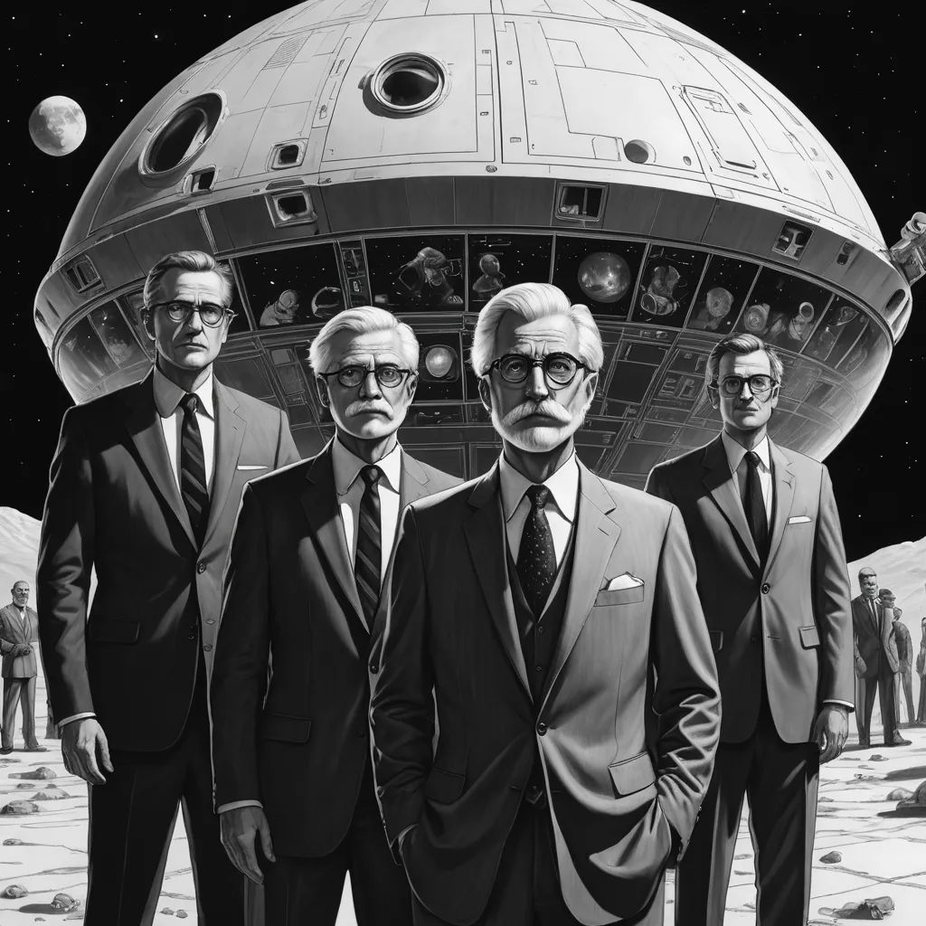 a group of men in suits standing in front of a space station with a spaceship in the background and a man in the foreground, retrofuturism, poster art, Al Feldstein, laurie greasley