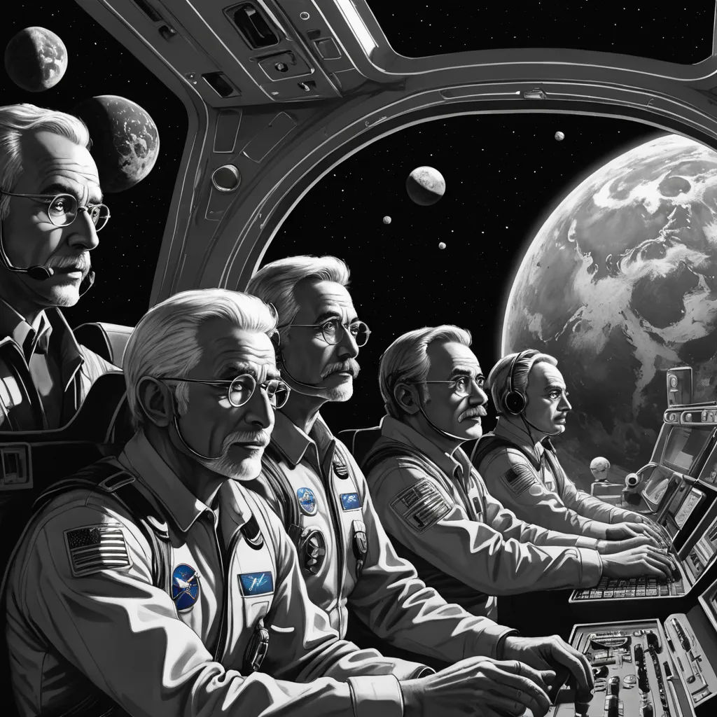a group of men sitting in front of a computer keyboard in a space station with planets in the background, space art, an ultrafine detailed painting, David A Hardy, space
