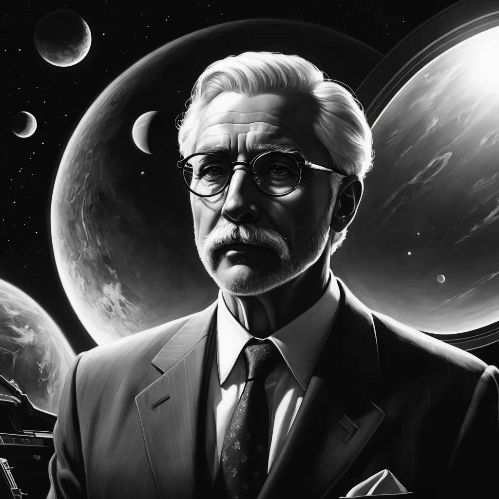 a man in a suit and tie standing in front of a space background with planets and stars in the sky, retrofuturism, an ultrafine detailed painting, Aleksi Briclot, sci fi
