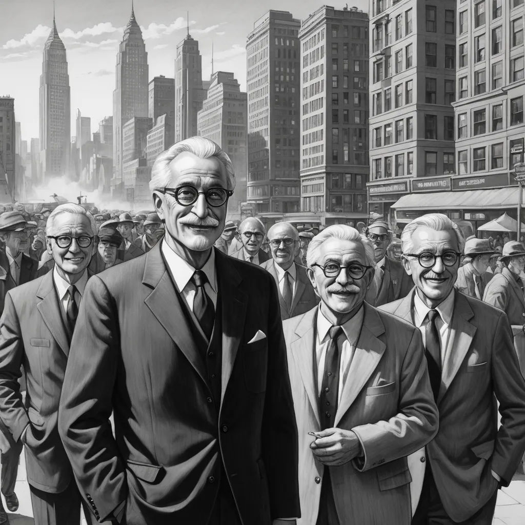 a group of men standing next to each other in front of a city skyline with tall buildings and skyscrapers, fantastic realism, an ultrafine detailed painting, Alfred Eisenstaedt, tom of finland