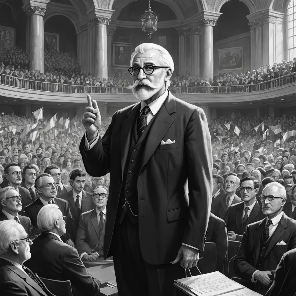 a man in a suit and tie standing in front of a crowd of people in a building with a microphone, socialist realism, an ultrafine detailed painting, Cedric Peyravernay, official art