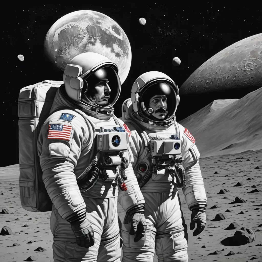 two astronauts standing on the moon with a planet in the background and a black and white photo of the moon, space art, an ultrafine detailed painting, Alan Bean, highly detailed digital painting